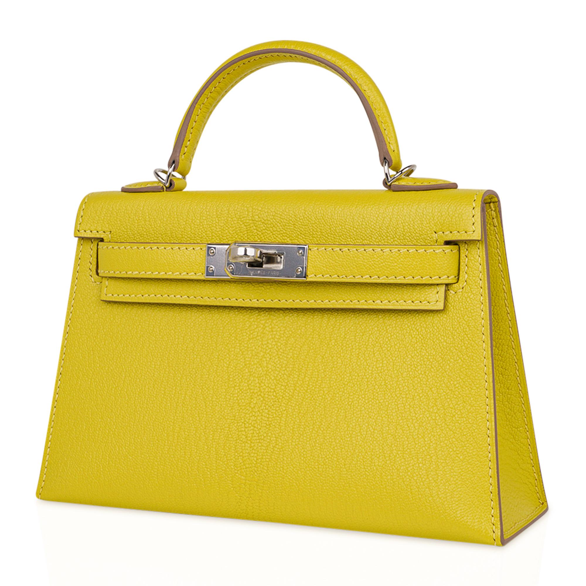 Yellow Hermes Kelly Sellier 20 Mini Bag Lime Chevre Leather Palladium Hardware