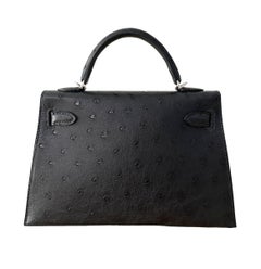 Hermes Kelly Sellier 20 Black Ostrich Palladium Hardware