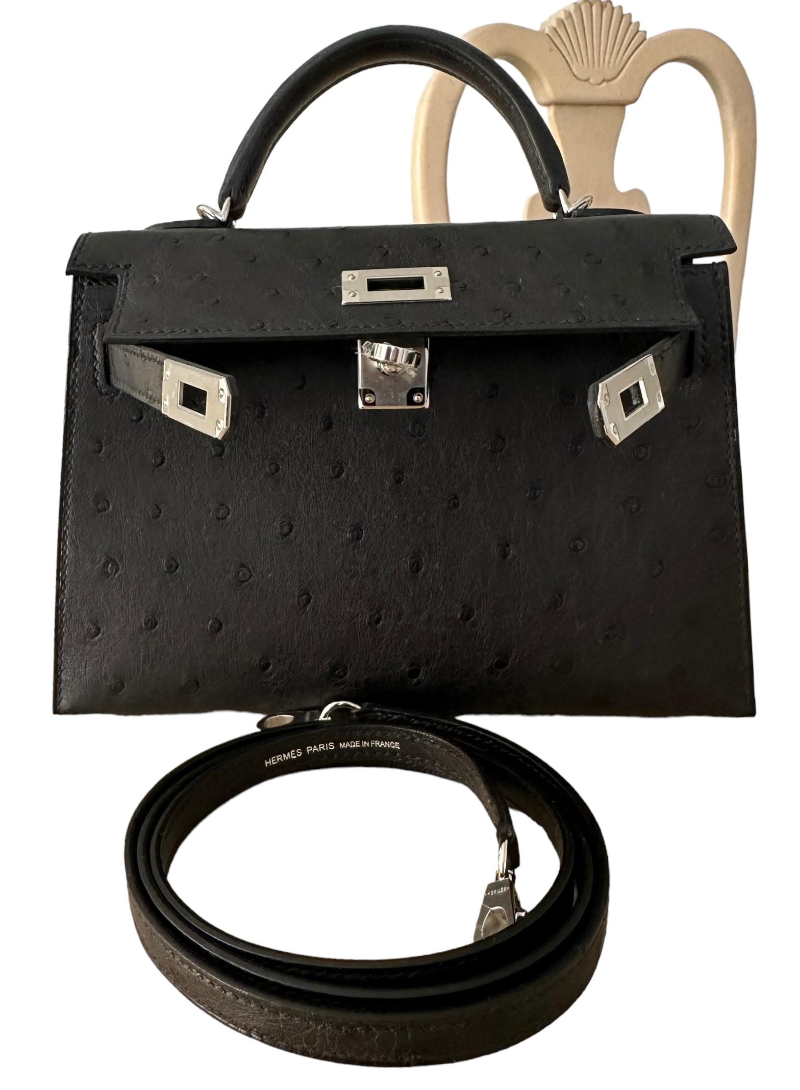 Hermes Kelly Sellier 20 Black Ostrich Palladium Hardware 4
