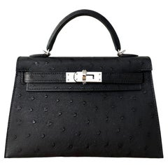 Hermes Kelly Sellier 20 Black Ostrich Palladium Hardware