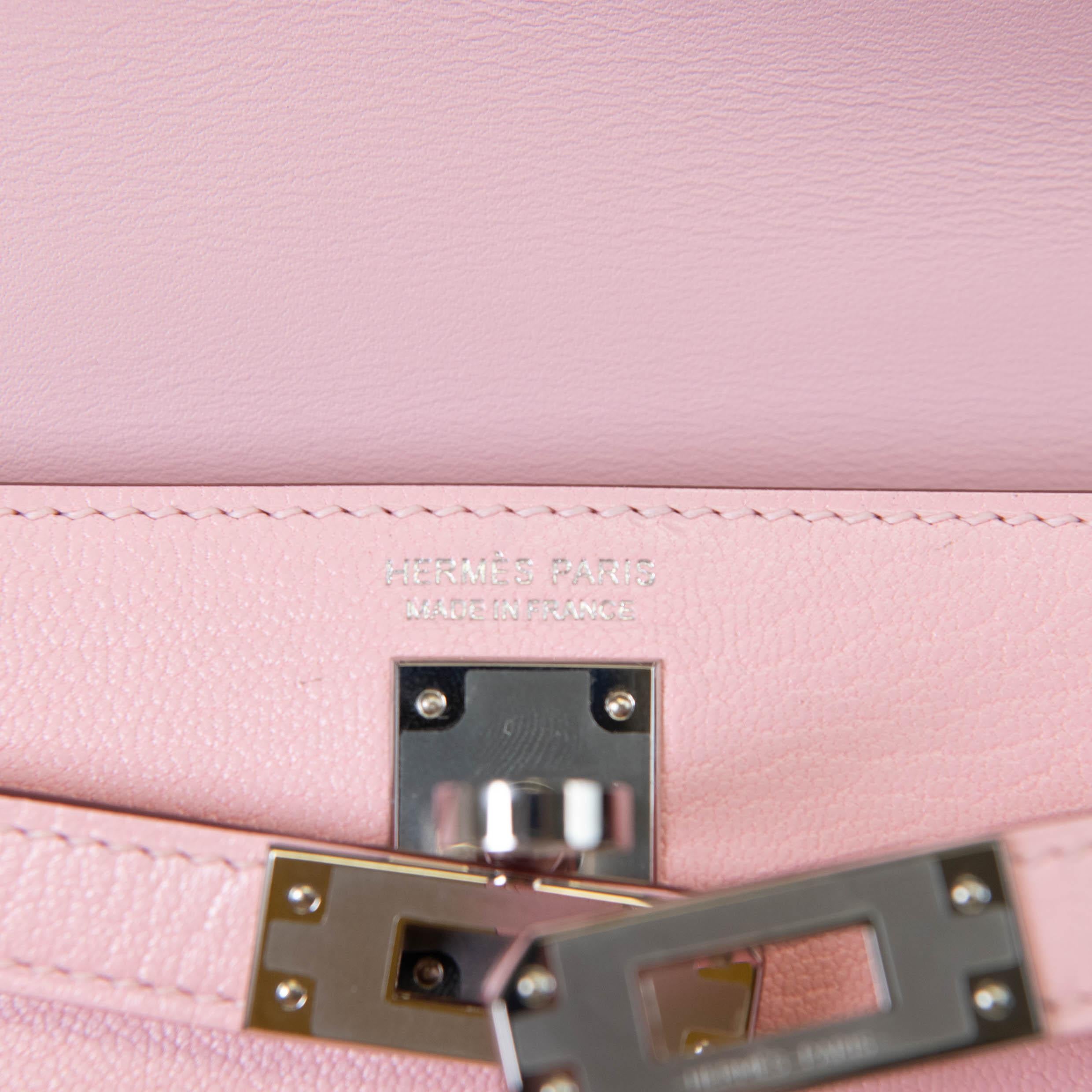 Hermes Kelly Sellier 20 Rose Sakura Chevre Leather Palladium Hardware For Sale 9