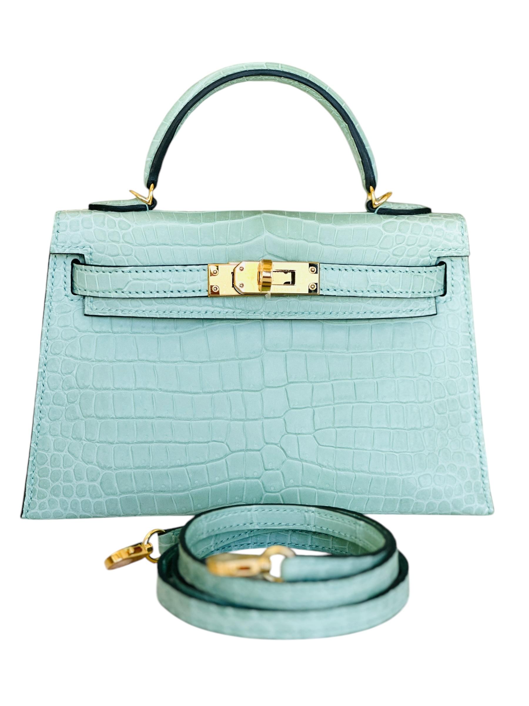 Hermès Kelly Sellier 20 Vert D'eau Porosus Mate Cocodrilo Herrajes de Oro 5