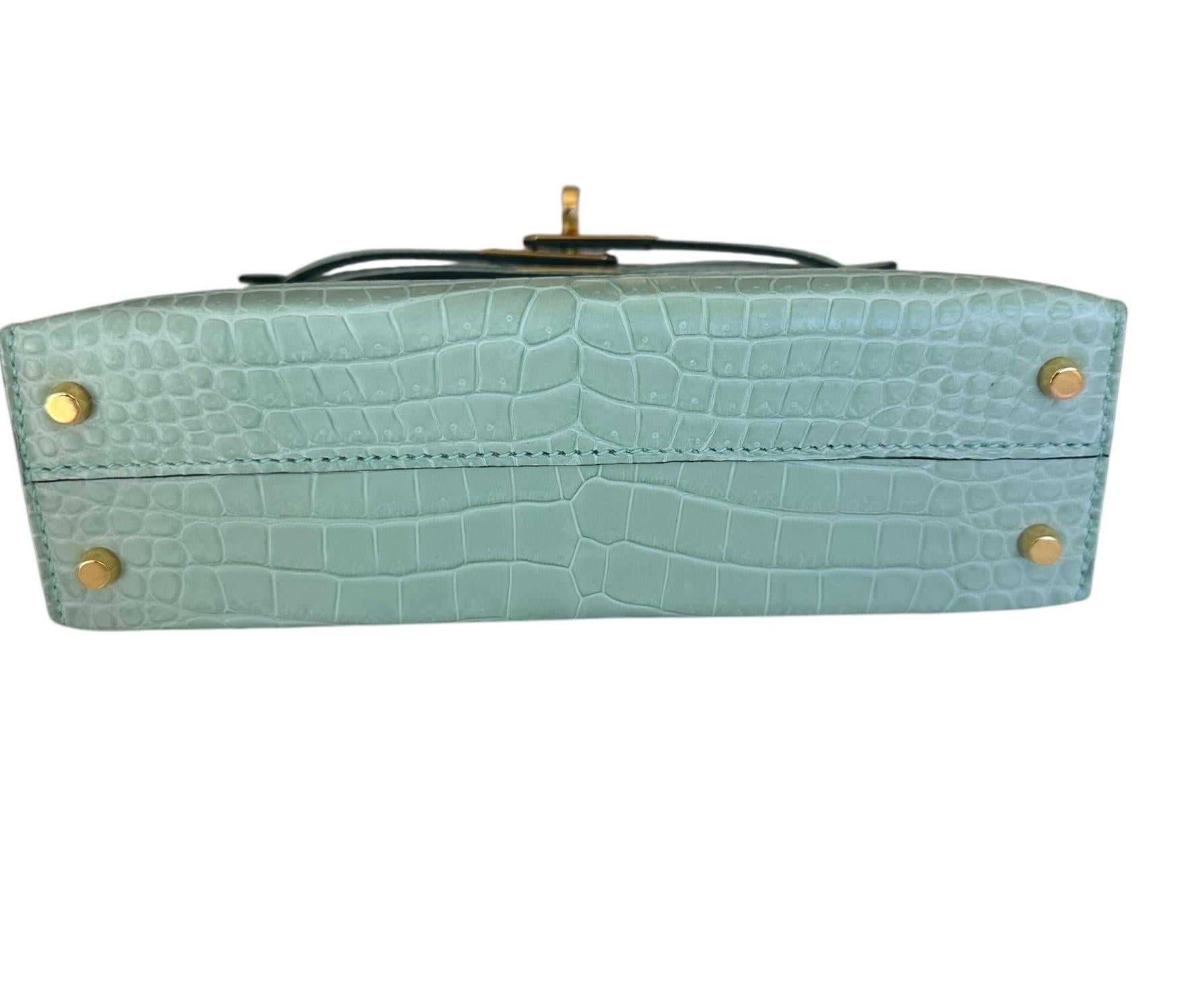 Hermès Kelly Sellier 20 Vert D'eau Porosus Mate Cocodrilo Herrajes de Oro 1