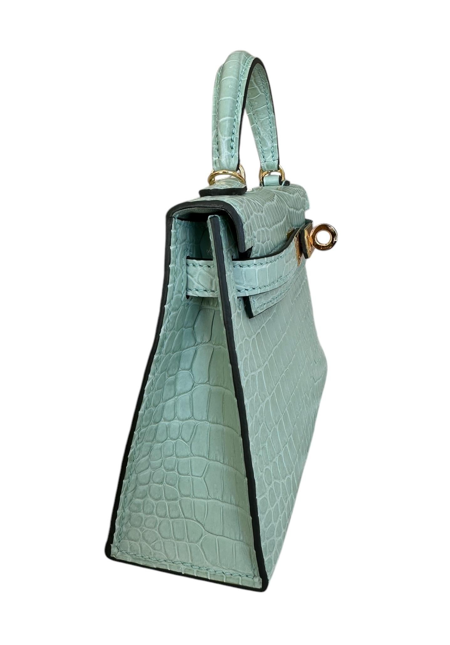 Hermès Kelly Sellier 20 Vert D'eau Porosus Mate Cocodrilo Herrajes de Oro 2