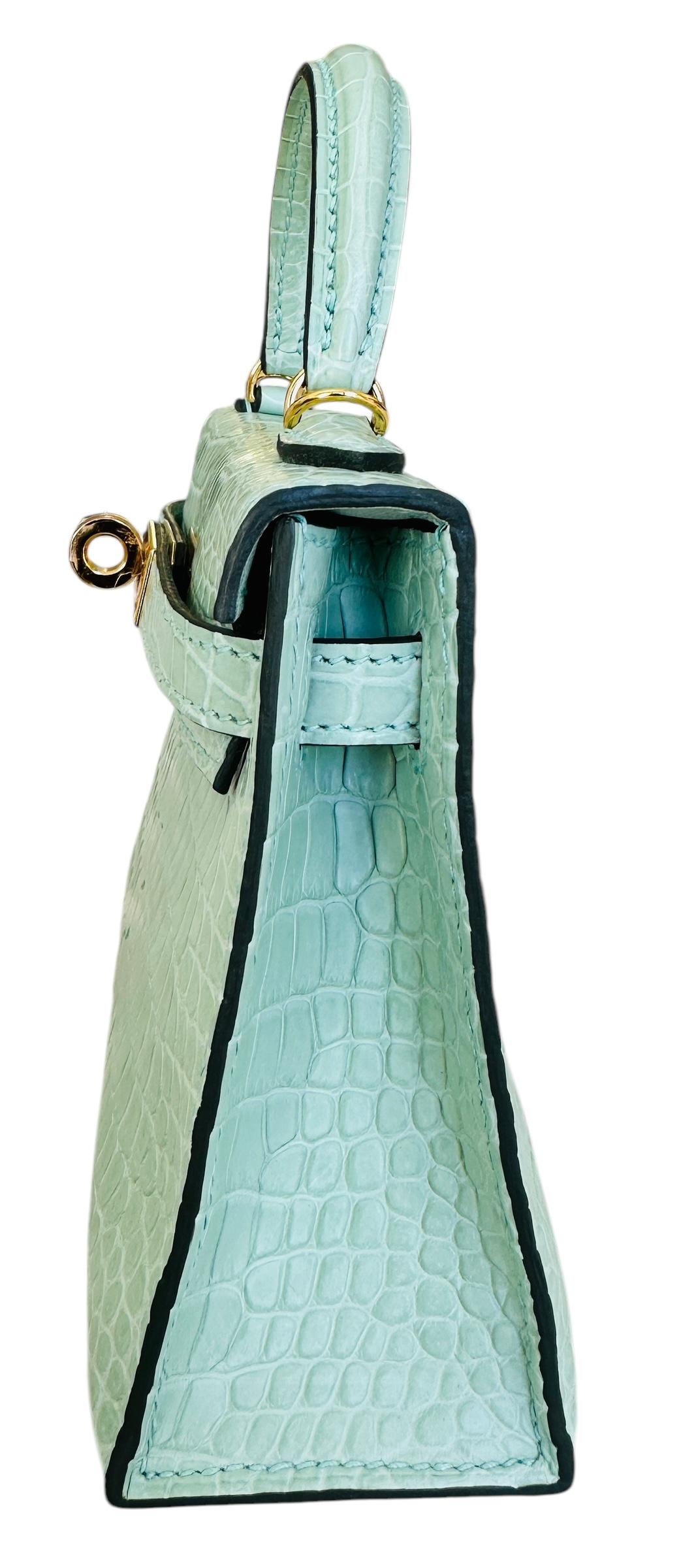 Hermès Kelly Sellier 20 Vert D'eau Porosus Mate Cocodrilo Herrajes de Oro 3