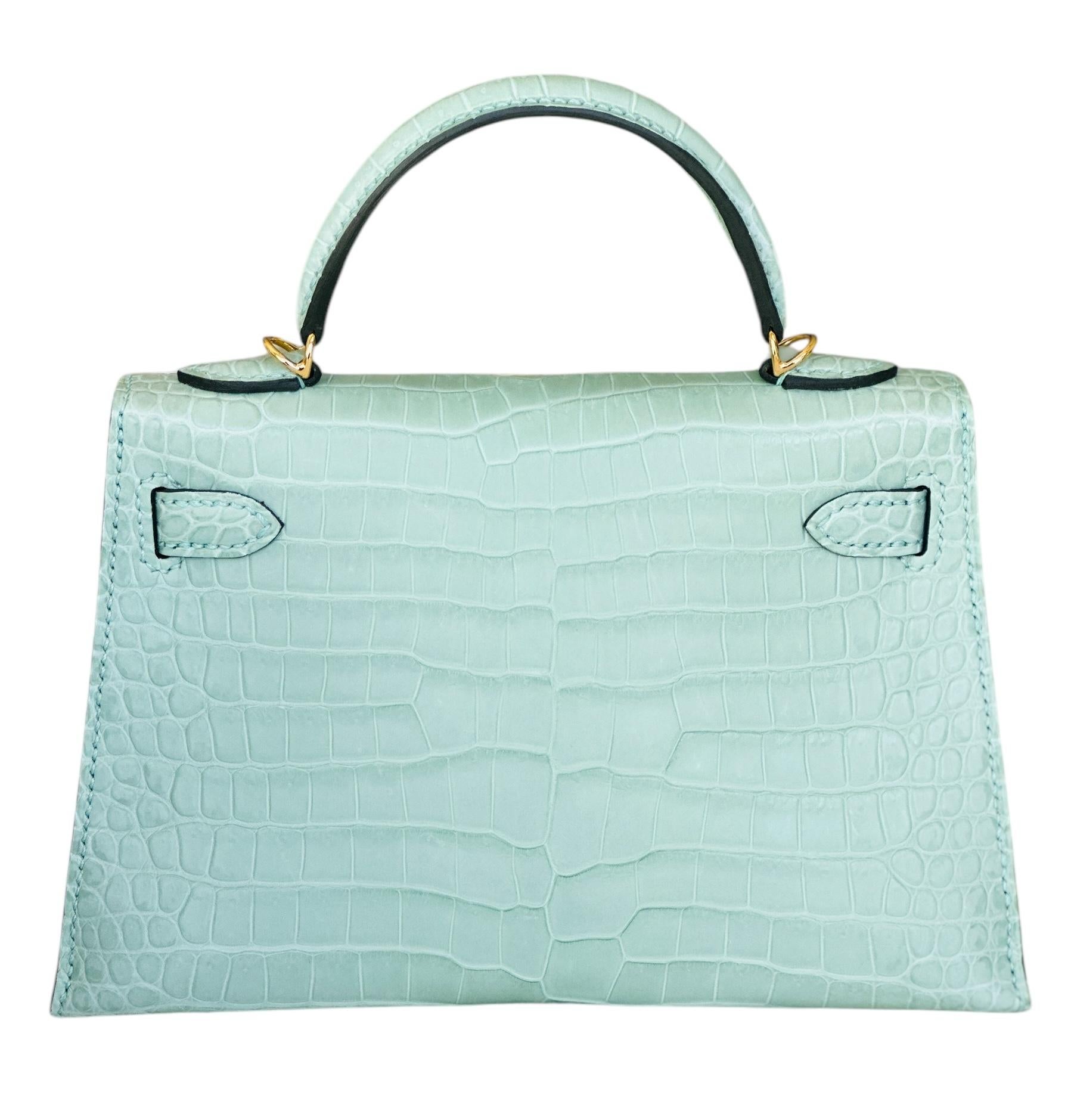 Hermès Kelly Sellier 20 Vert D'eau Porosus Mate Cocodrilo Herrajes de Oro 4