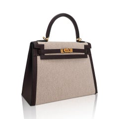 Hermes Kelly Sellier 25 Bag Bai Brun Ecru Toile H Swift and Gold Hardware