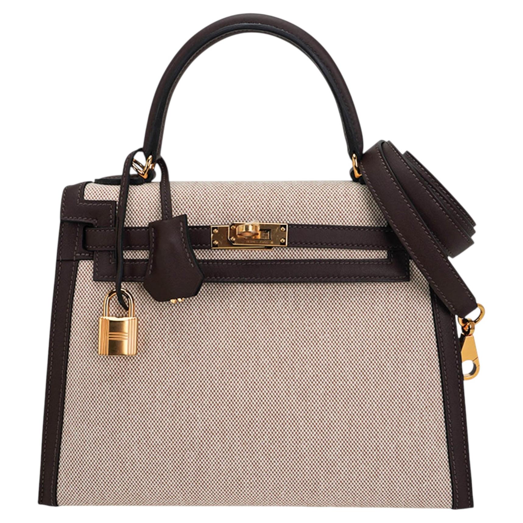 Hermes Kelly Sellier 25 Bag Bai Brun Ecru Toile H Swift and Gold Hardware