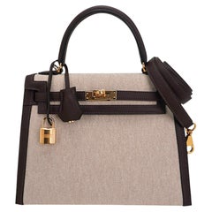 Hermes Kelly Sellier 25 Bag Bai Brun Ecru Toile H Swift and Gold Hardware
