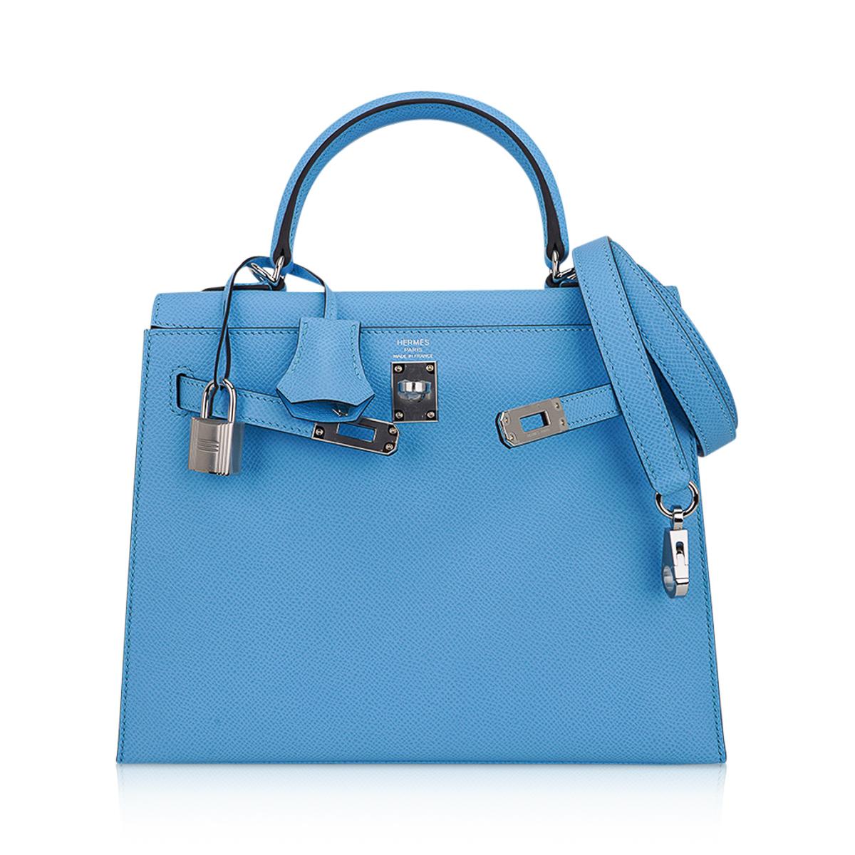Hermes Kelly Sellier 25 Bag Blue Celeste Palladium Epsom Leather In New Condition In Miami, FL