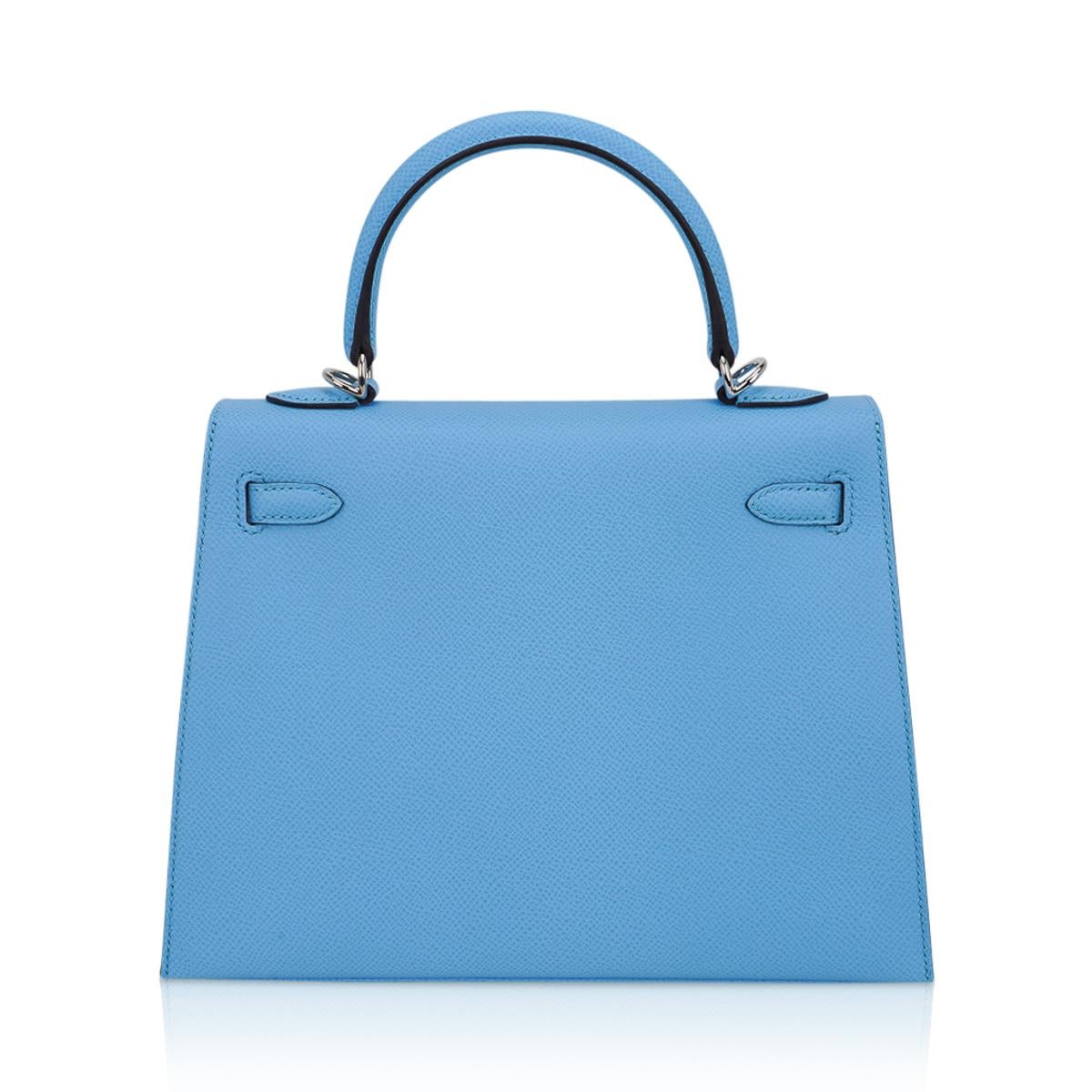 Hermes Kelly Sellier 25 Bag Blue Celeste Palladium Epsom Leather 4