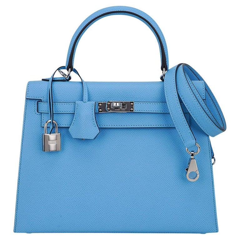 HERMES PHW Kelly 25 2way Shoulder Bag Handbag Epsom Leather Bleu Glacier  Blue