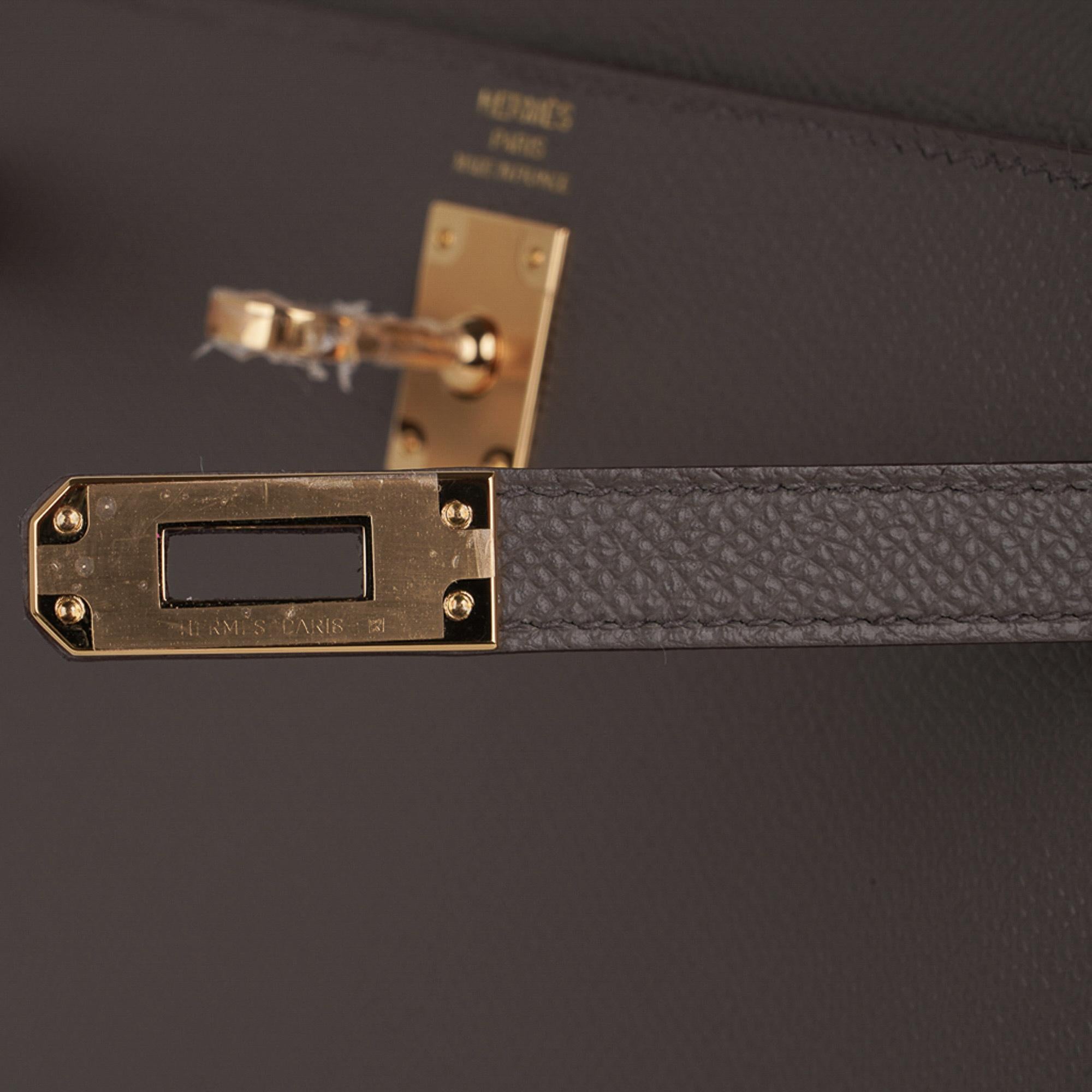 Hermes Kelly Sellier 25 Tasche Etain Gold Hardware Epsom Leder Neu (Schwarz)
