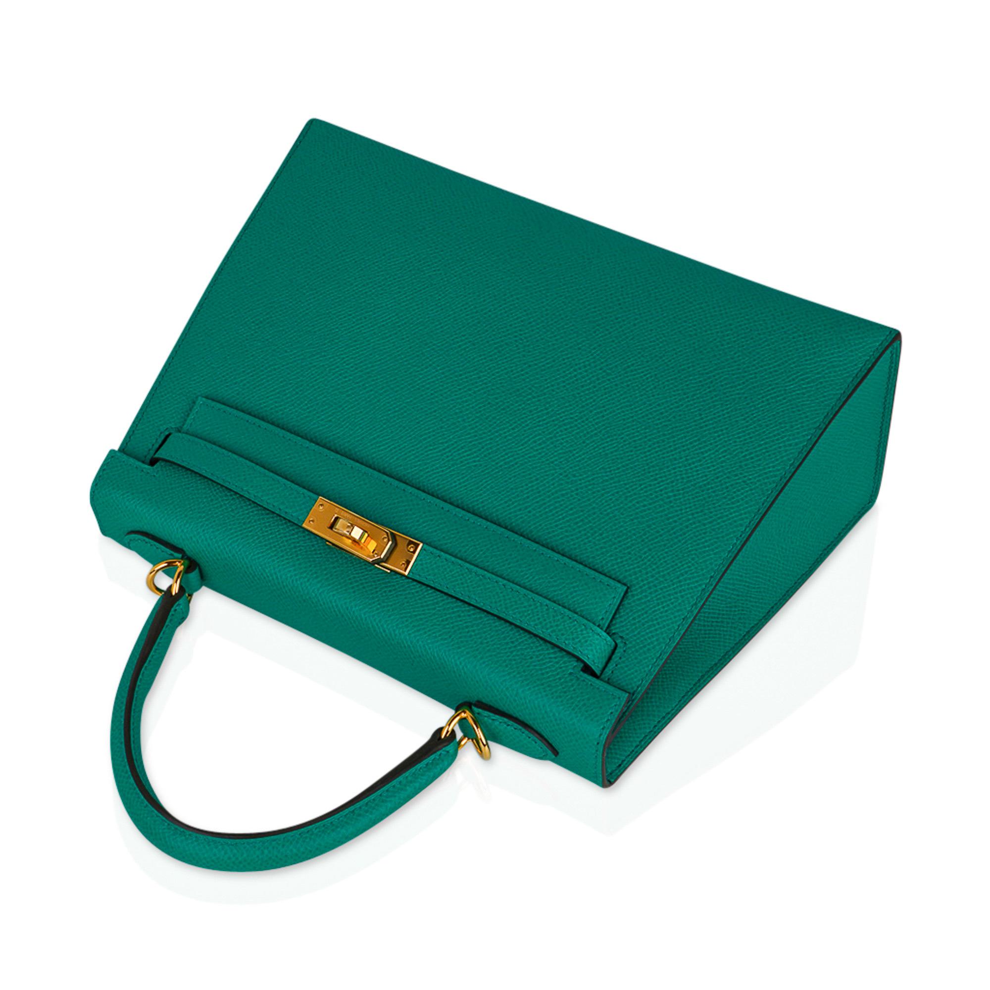 Blue Hermes Kelly Sellier 25 Bag Jade Epsom Gold Hardware For Sale
