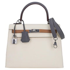 Hermes Kelly Sellier 25 Bag Nata Chai and Gris Meyer Palladium Hardware Epsom