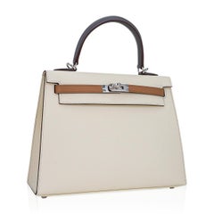 Hermes Kelly Sellier 25 Tasche Nata / Chai / Gris Meyer Palladium Hardware Epsom