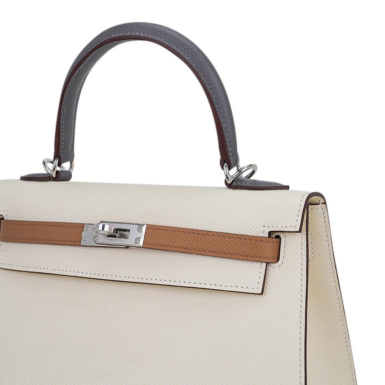 Hermès Kelly 25 Sellier Chalk Craie & Seagull Grey Gris Mouette Epsom with  Palladium Hardware