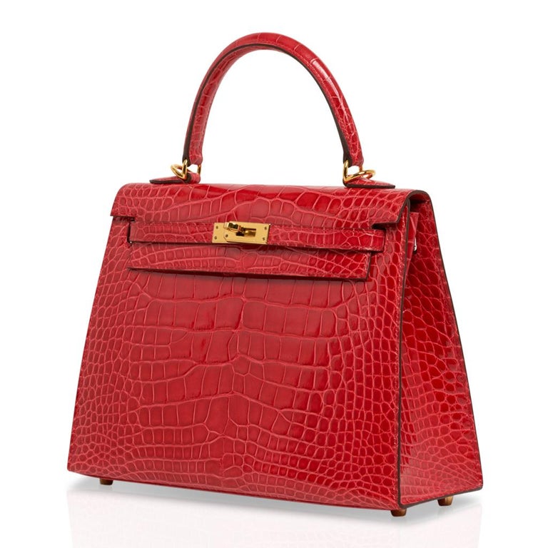 Hermes Kelly Sellier 25 Bag Rouge de Coeur Alligator Gold Hardware •  MIGHTYCHIC • 