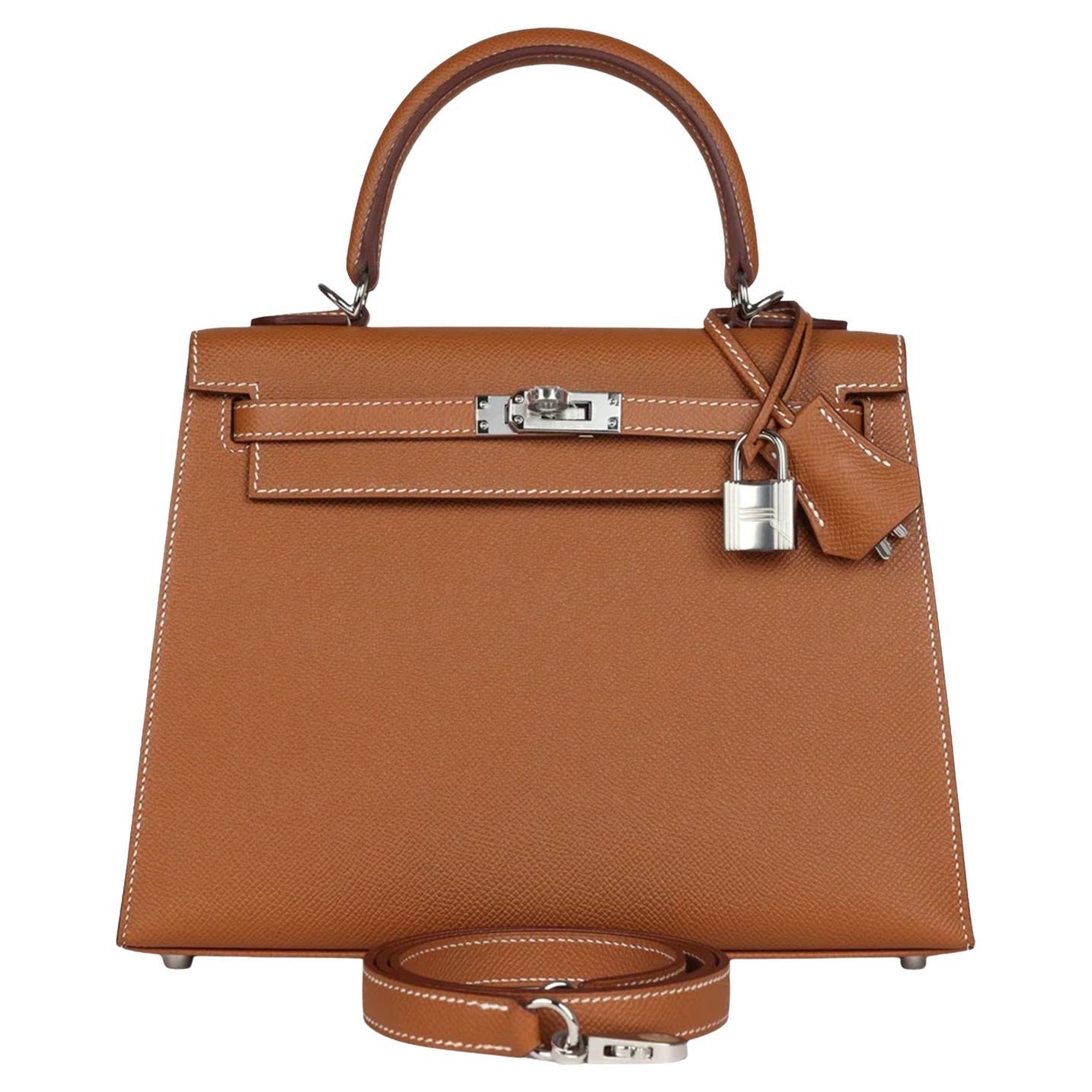 Hermes Kelly Sellier 25 Gold Epsom Leather With Palladium Hardware Handbag For Sale