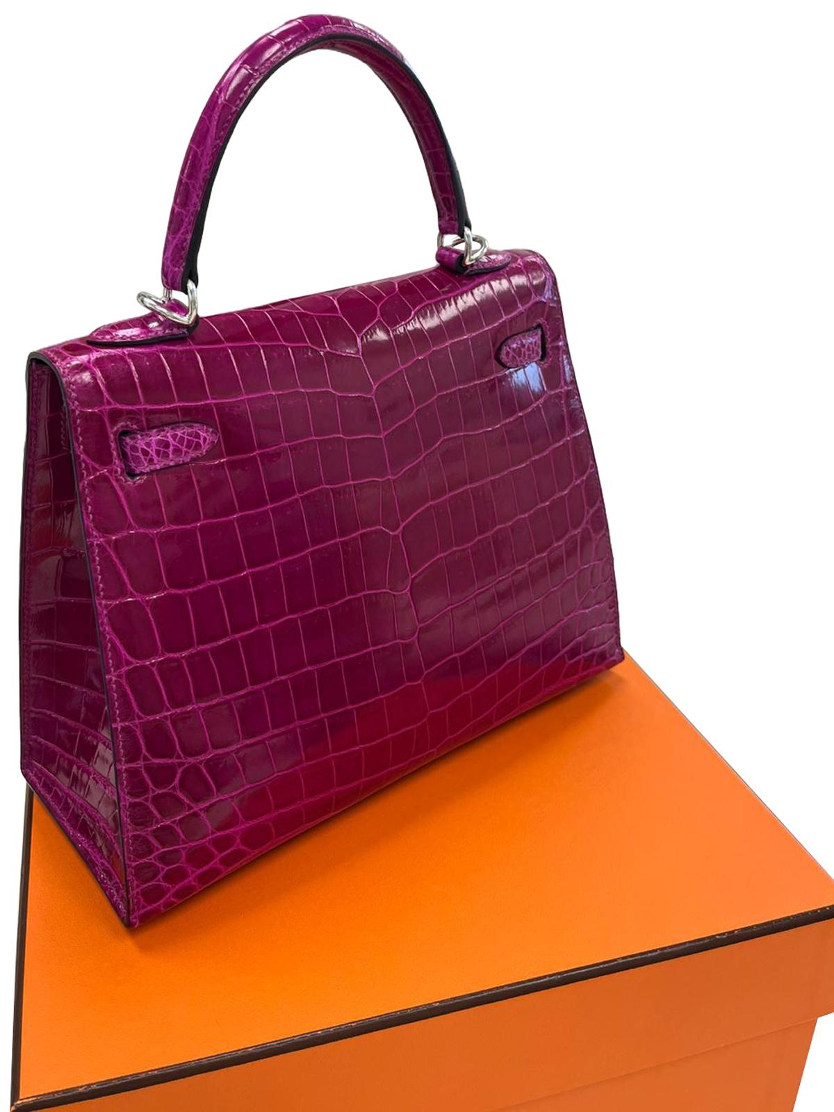 Hermes Kelly Sellier 25 Rose Pourpre Shiny Niloticus Crocodile Palladium en vente 5