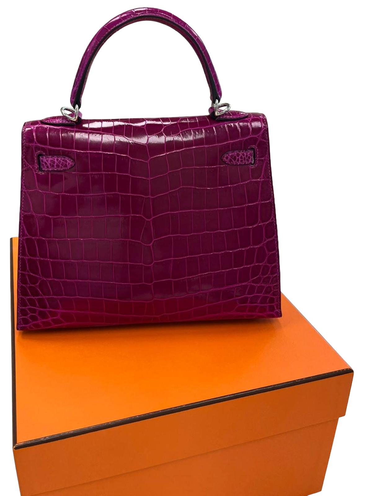 Hermes Kelly Sellier 25 Rose Pourpre Shiny Niloticus Crocodile Palladium en vente 6