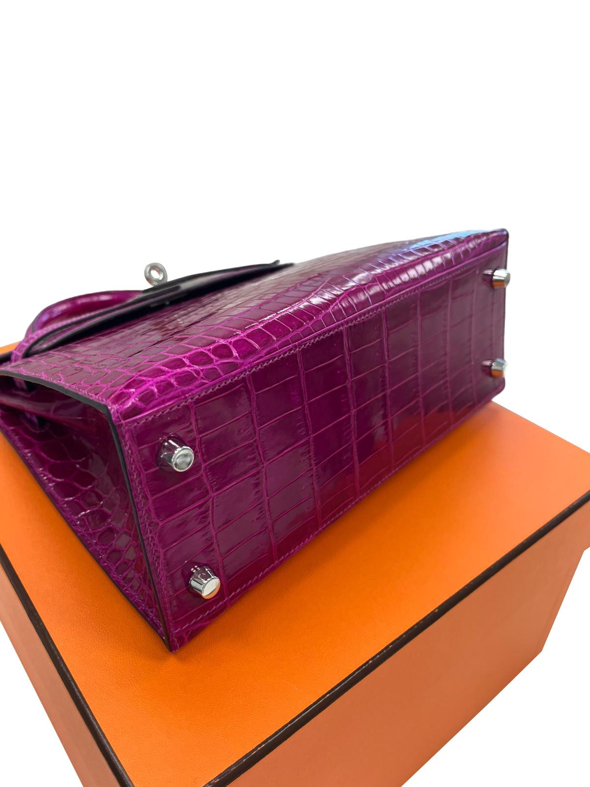 Hermes Kelly Sellier 25 Rose Pourpre Shiny Niloticus Crocodile Palladium en vente 7