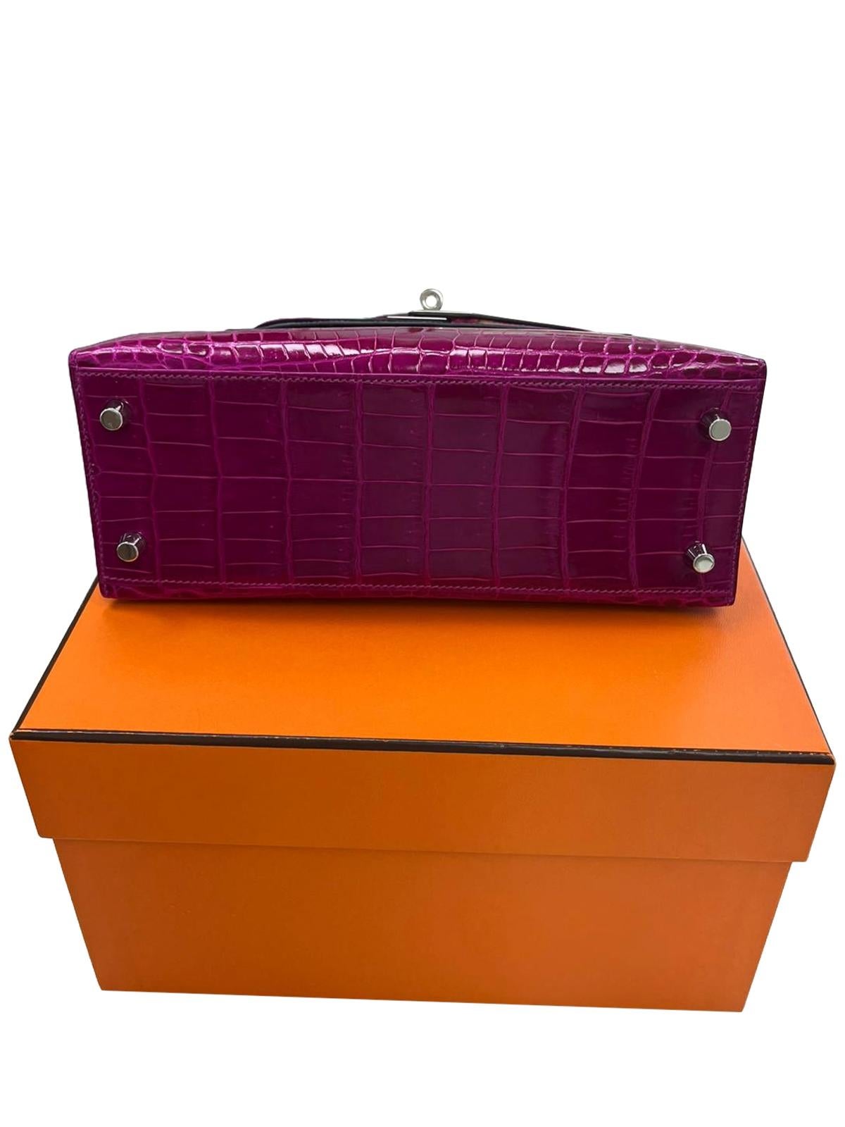 Hermes Kelly Sellier 25 Rose Pourpre Shiny Niloticus Crocodile Palladium en vente 8