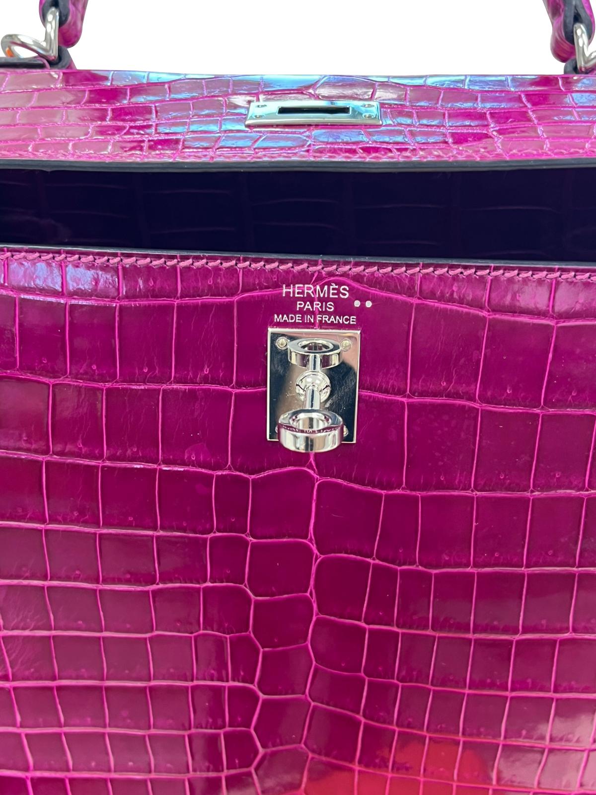 Hermes Kelly Sellier 25 Rose Pourpre Shiny Niloticus Crocodile Palladium en vente 9