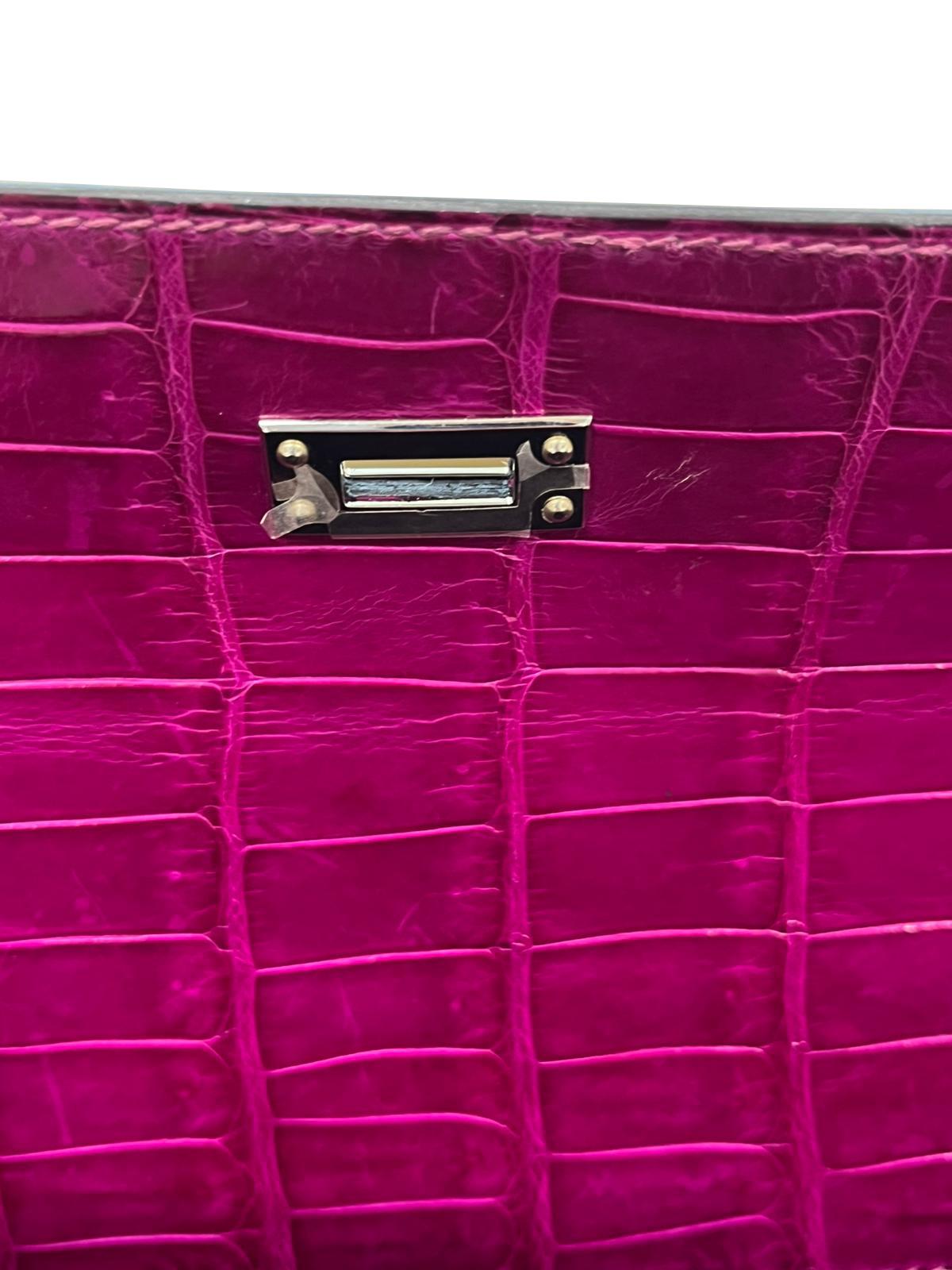 Hermes Kelly Sellier 25 Rose Pourpre Shiny Niloticus Crocodile Palladium en vente 10