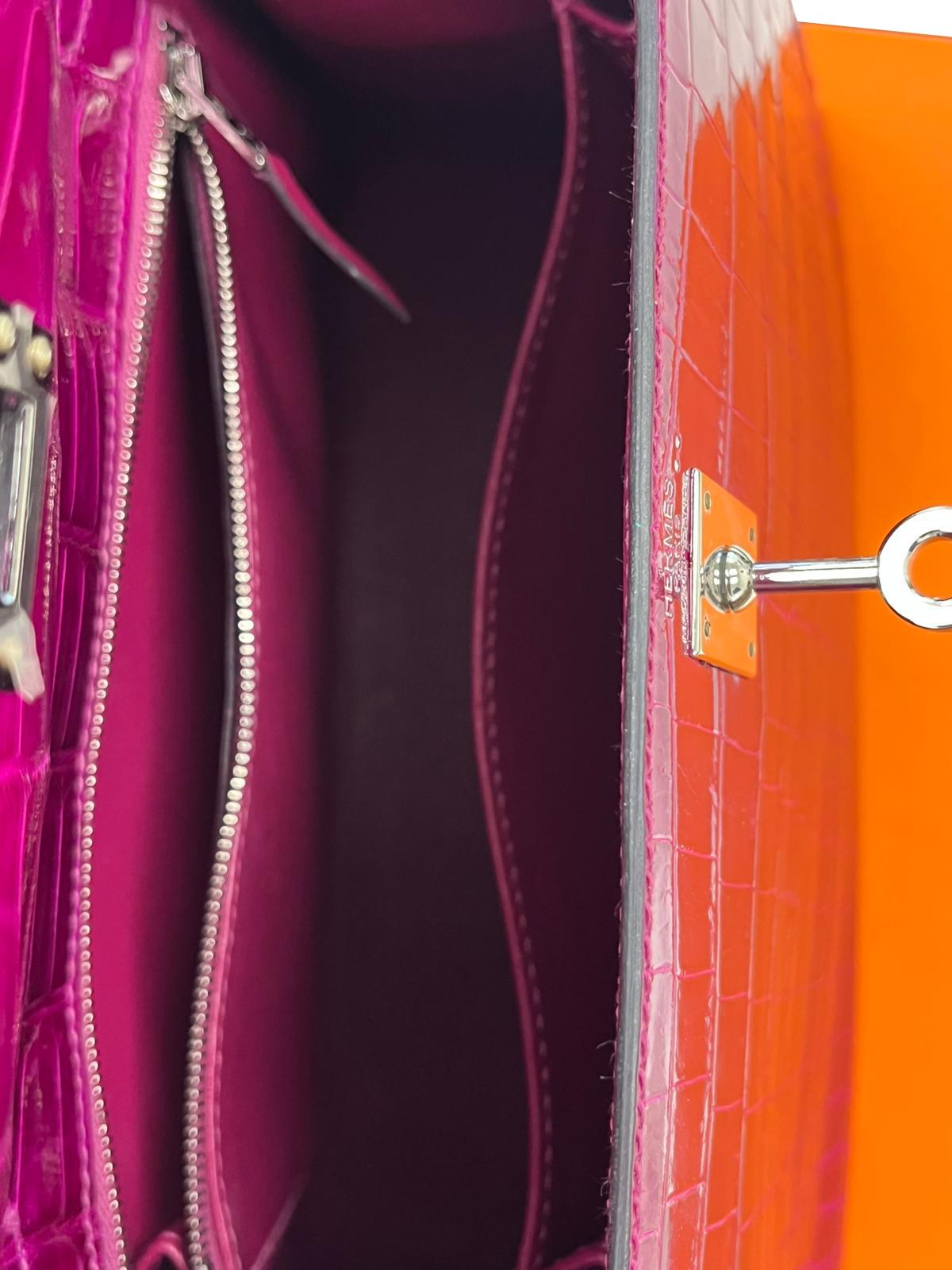 Hermes Kelly Sellier 25 Rose Pourpre Shiny Niloticus Crocodile Palladium en vente 12