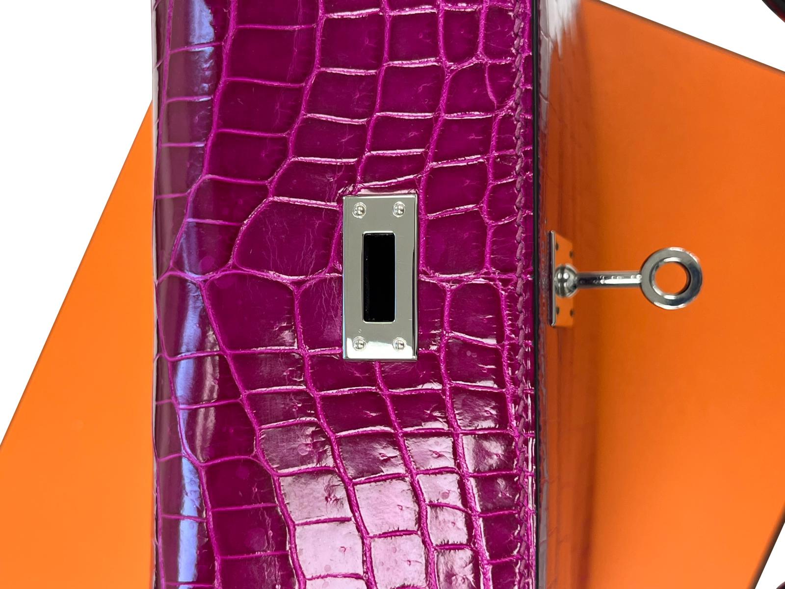 Hermes Kelly Sellier 25 Rose Pourpre Shiny Niloticus Crocodile Palladium en vente 13
