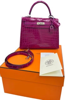 Hermes Kelly Sellier 25 Rose Pourpre Shiny Niloticus Crocodile Palladium