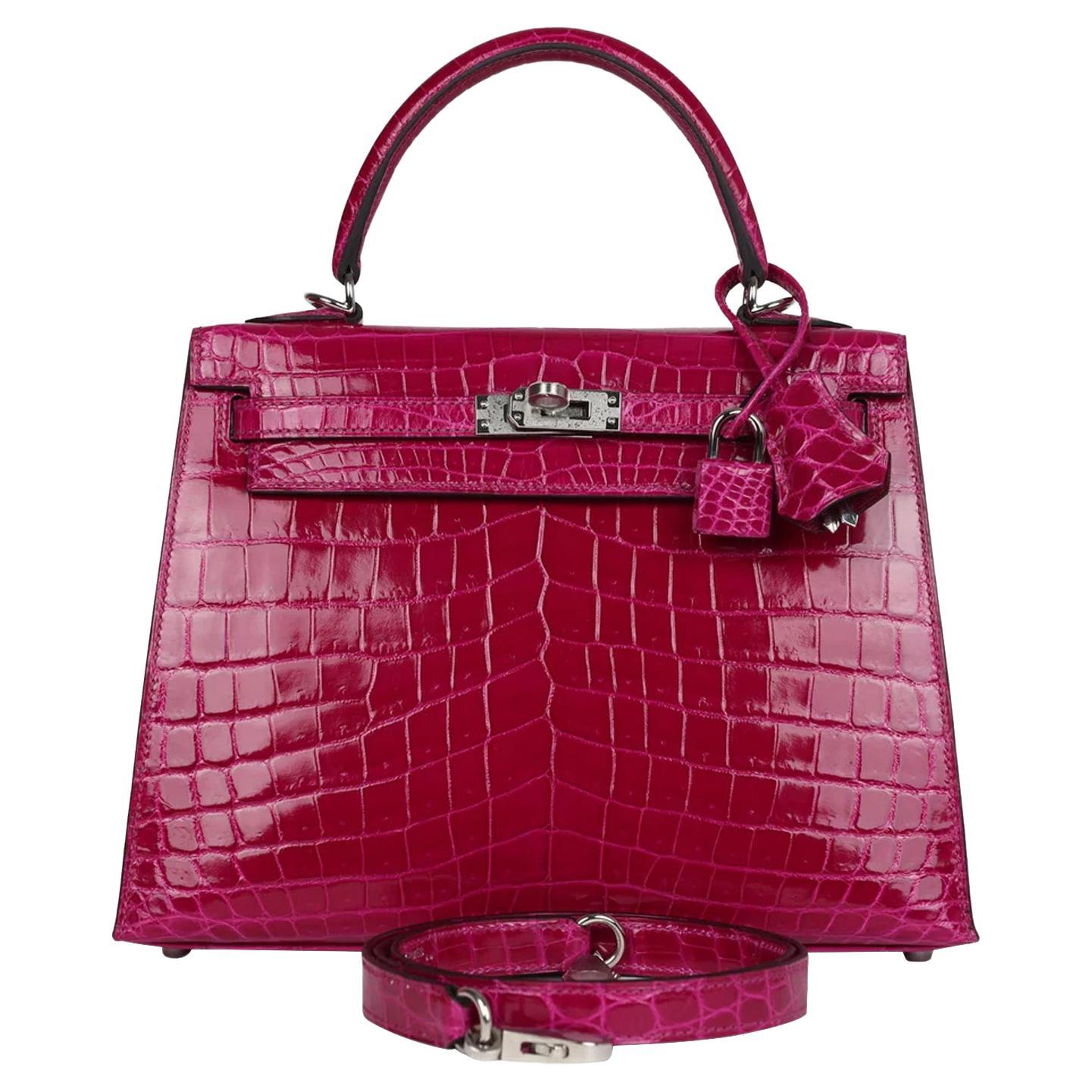 Hermes Kelly Sellier 25 Rose Pourpre Shiny Niloticus Crocodile Palladium