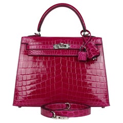 Hermes Kelly Sellier 25 Rose Pourpre Glänzend Niloticus Krokodil Palladium