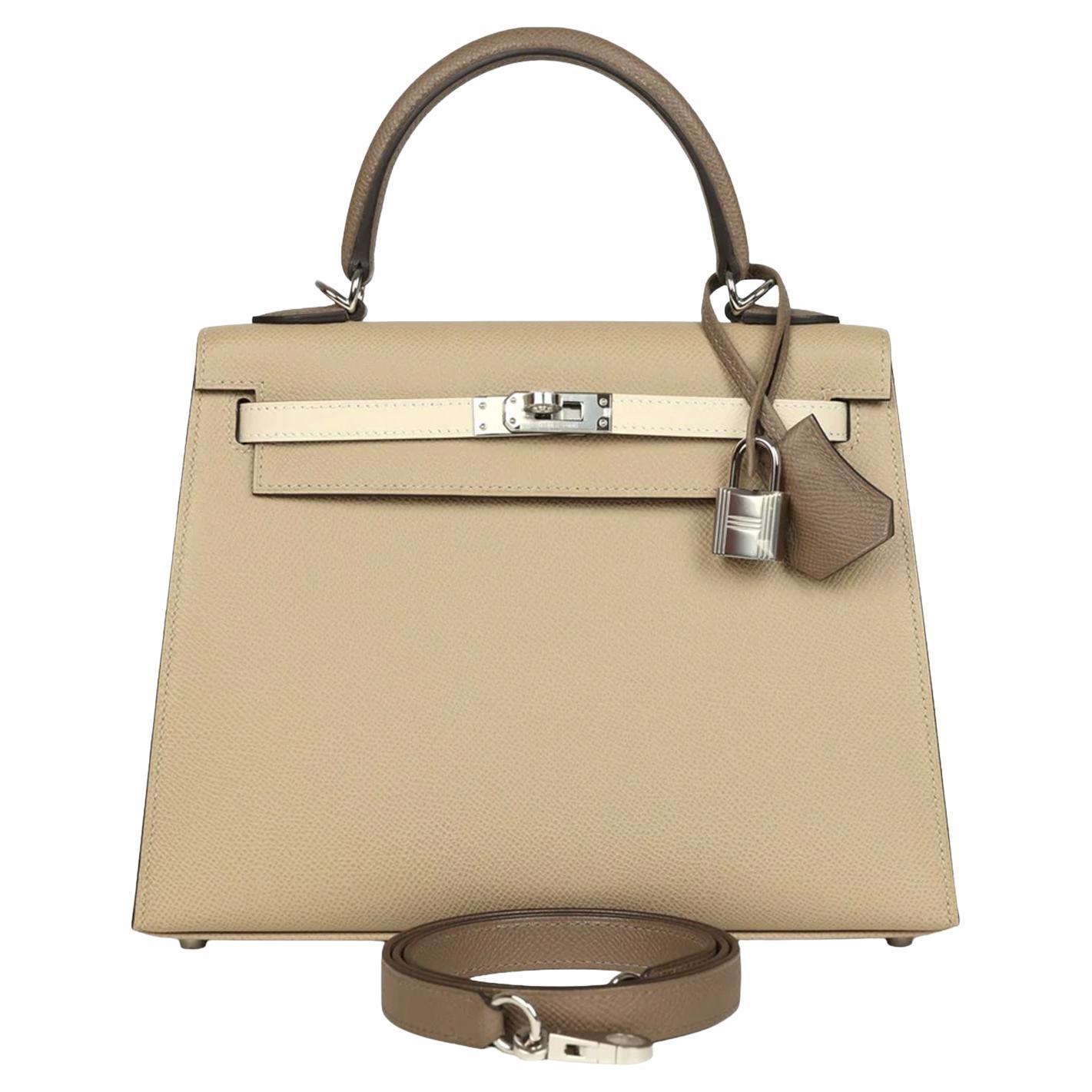 Hermès Kelly Sellier 25 Tri-Color Etoupe Craie Trench Epsom Palladium ...