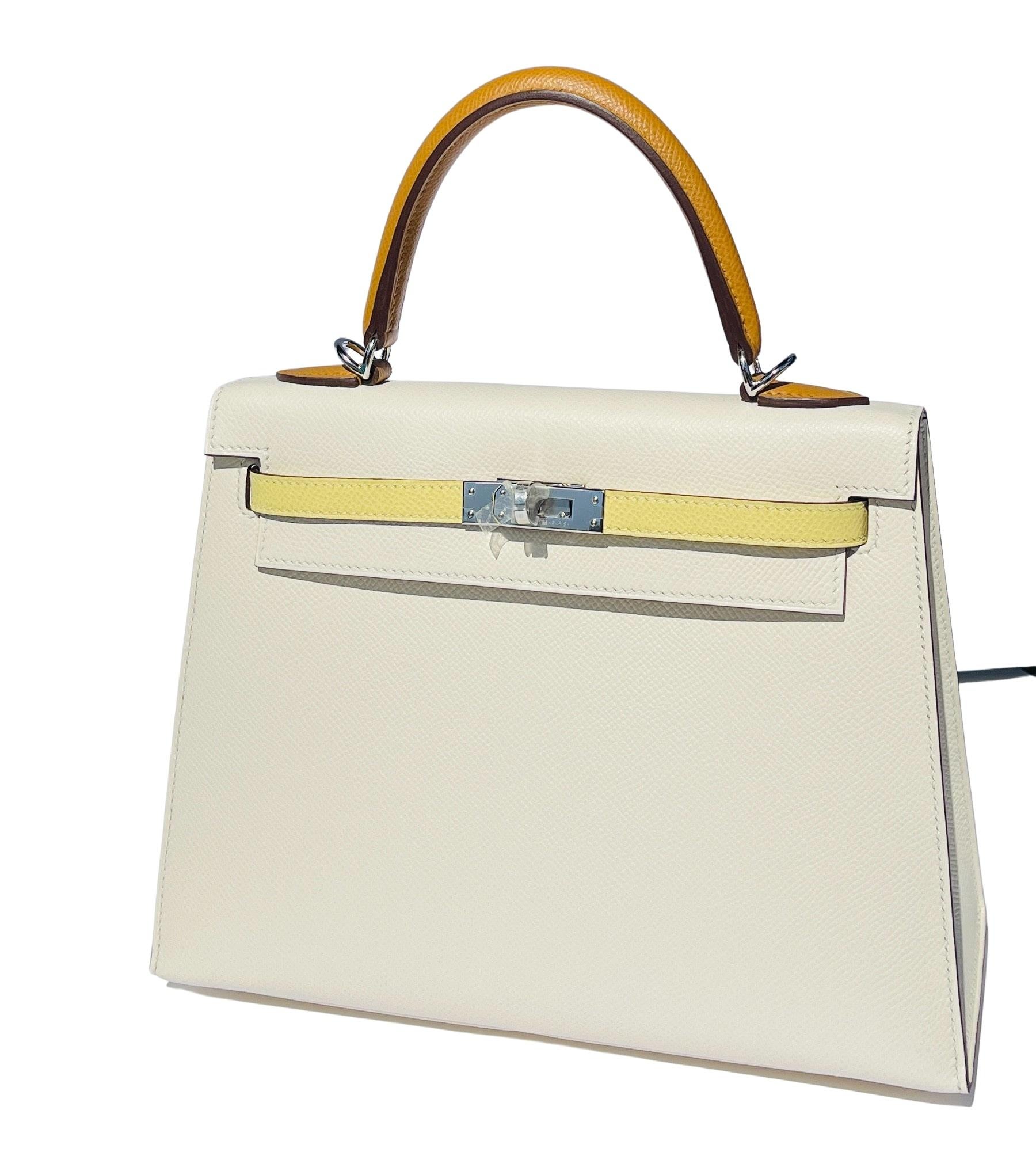 Hermes
Kelly 25cm Sellier
Most desired size in a Kelly
Brand new storefresh
Tri Tones 
3 colors
Limited edition
Dont miss out on this very limited Kelly
This Tri-Color Kelly is in the Sellier style
Nata, Jaune Poussin and Sesame epsom leather with