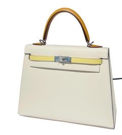 Hermès Kelly Sellier 25 Tri-Color Nata, Jaune Poussin and Sesame Epsom Palladium