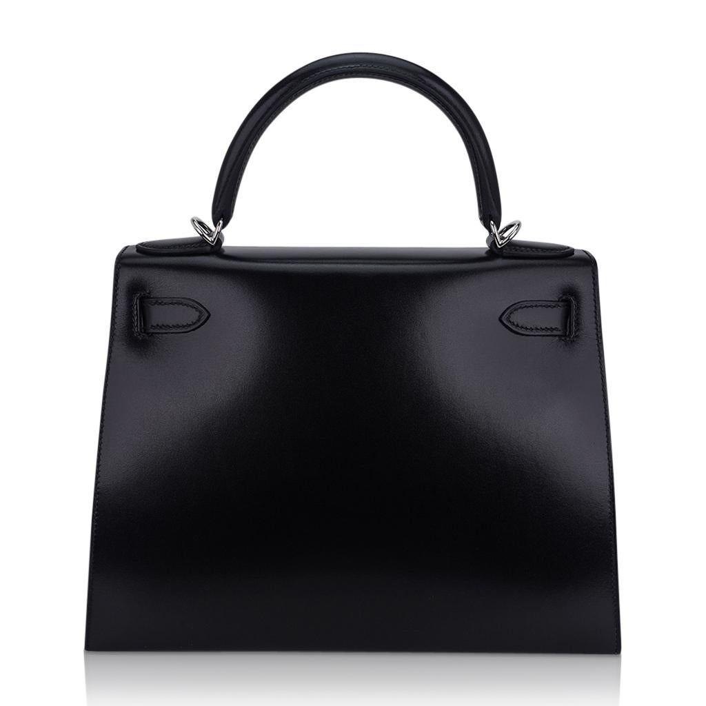 Hermes Kelly Sellier 28 Black Box Leather Bag Palladium Hardware In New Condition For Sale In Miami, FL