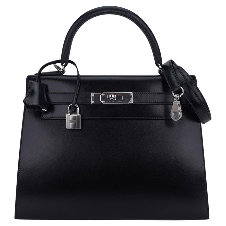 Hermes Kelly Sellier 28 Black Box Leather Bag Palladium Hardware For Sale