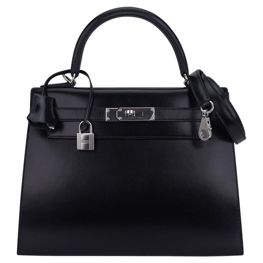 Hermes Kelly Sellier 28 Boîte noire Sac en cuir Palladium en vente