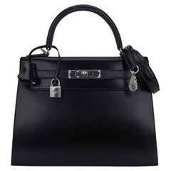 Hermes Kelly Sellier 28 Black Box Leather Bag Palladium Hardware