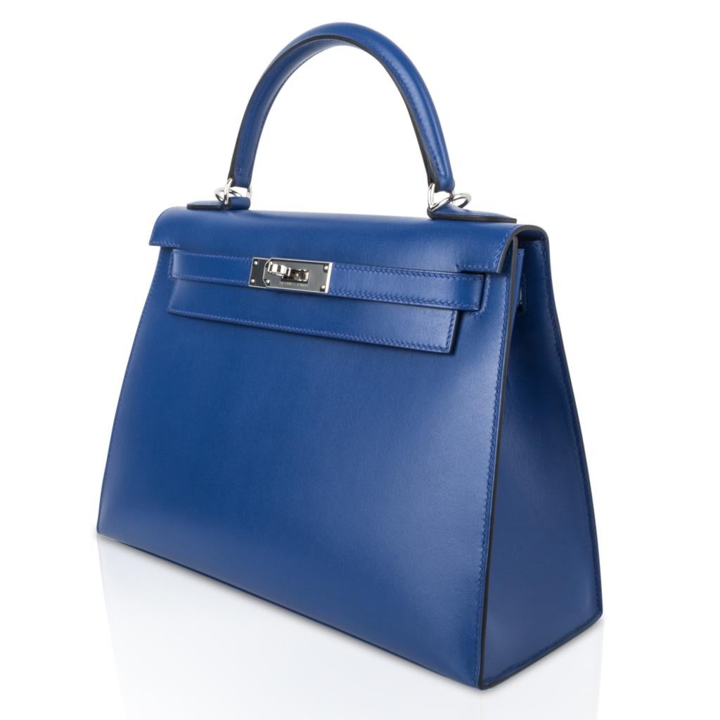 Women's Hermes Kelly Sellier 28 Bag Blue Electric Tadelakt Leather Palladium Hardware 
