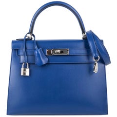 Hermes Kelly Sellier 28 Bag Blue Electric Tadelakt Leather Palladium Hardware 