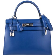 Hermes Kelly Sellier 28 Sac Bleu électrique en cuir Tadelakt Palladium Hardware