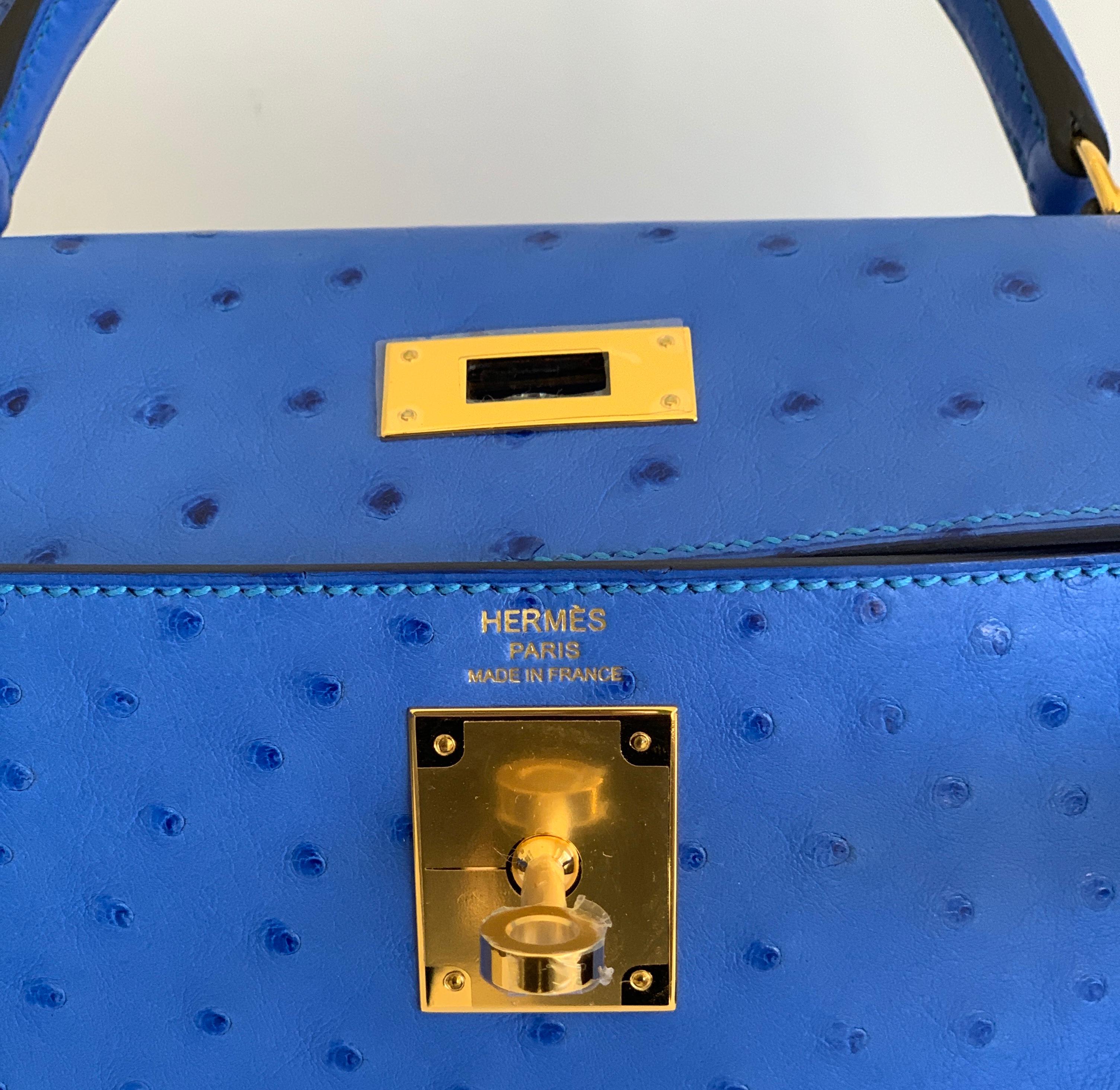 Blue Hermes Kelly Sellier 28 Bag Ostrich Bleuete  Gold Hardware