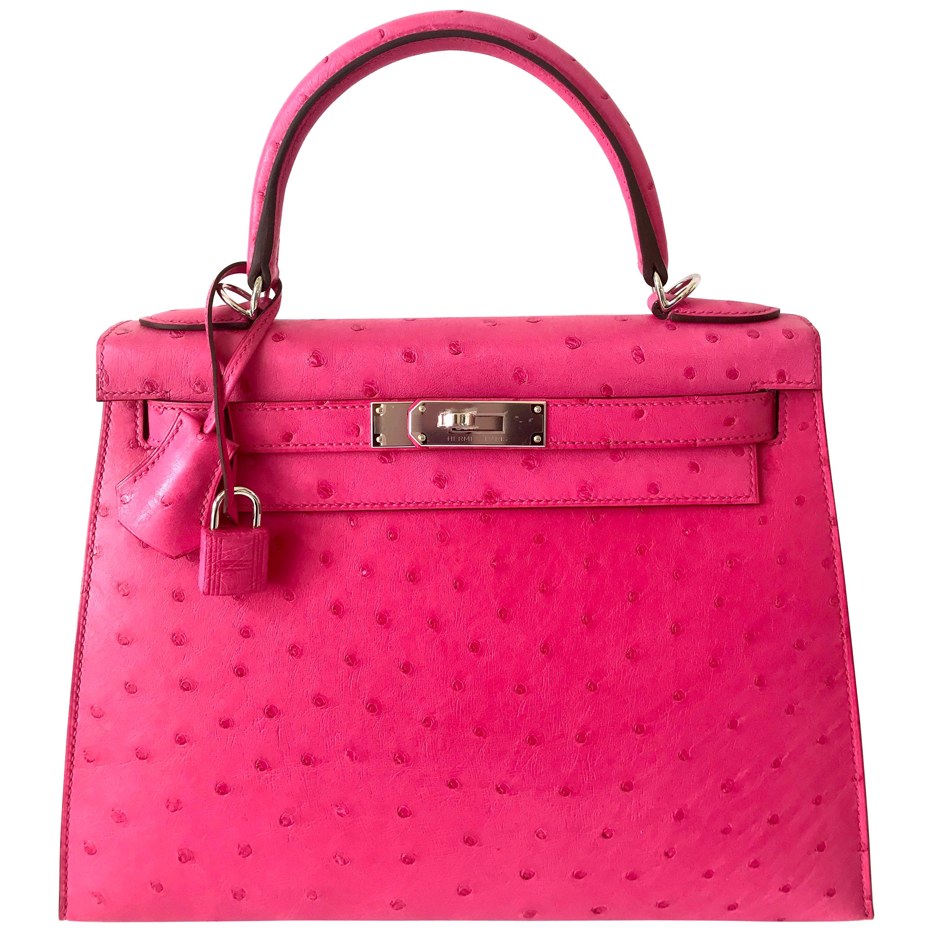 Hermes Kelly Sellier 28 Bag Ostrich Rare Rose Tyrien Pink Palladium Hardware