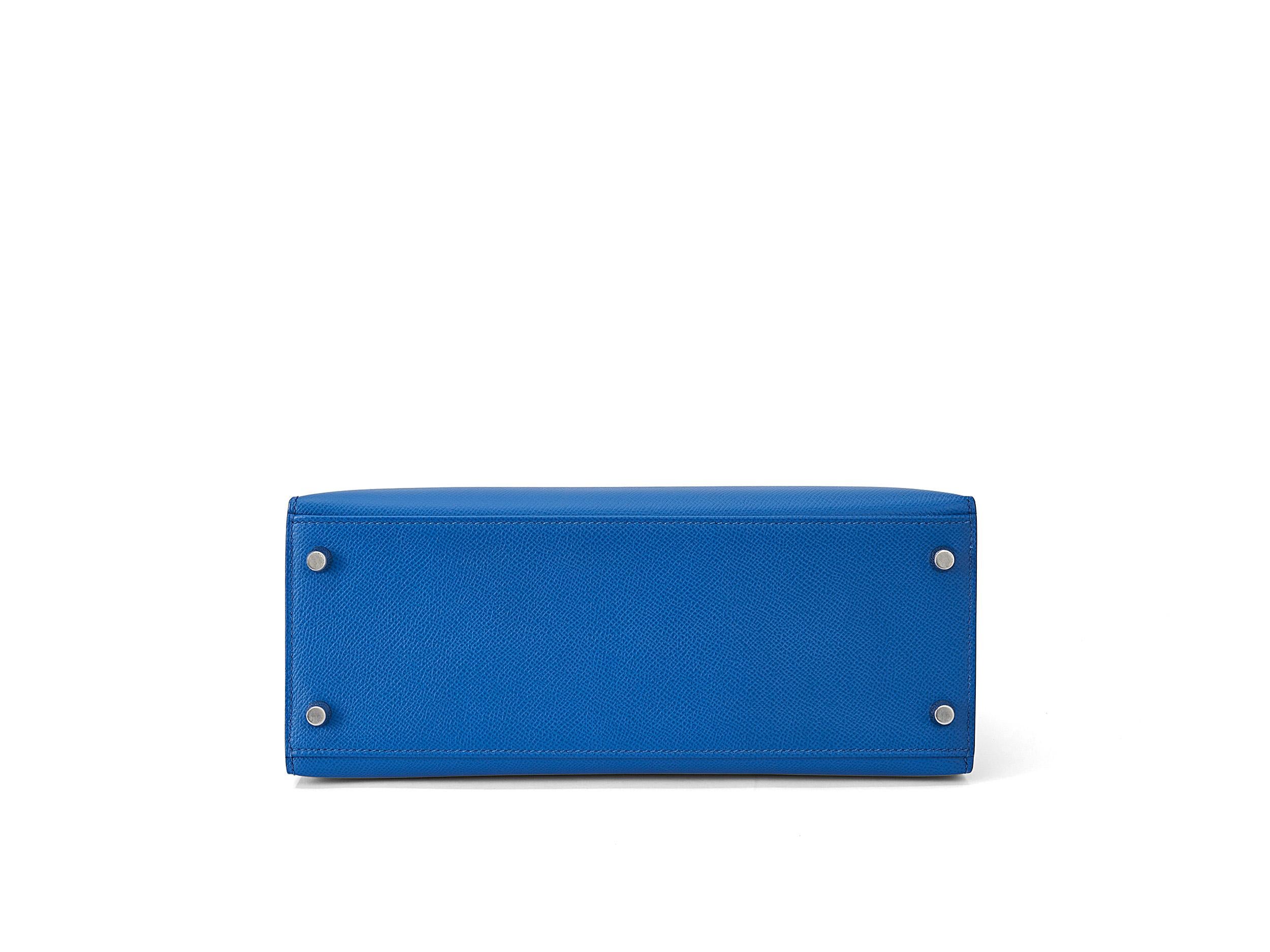 Hermès Kelly Sellier 28 Bleu France Epsom Palladium Hardware en vente 4