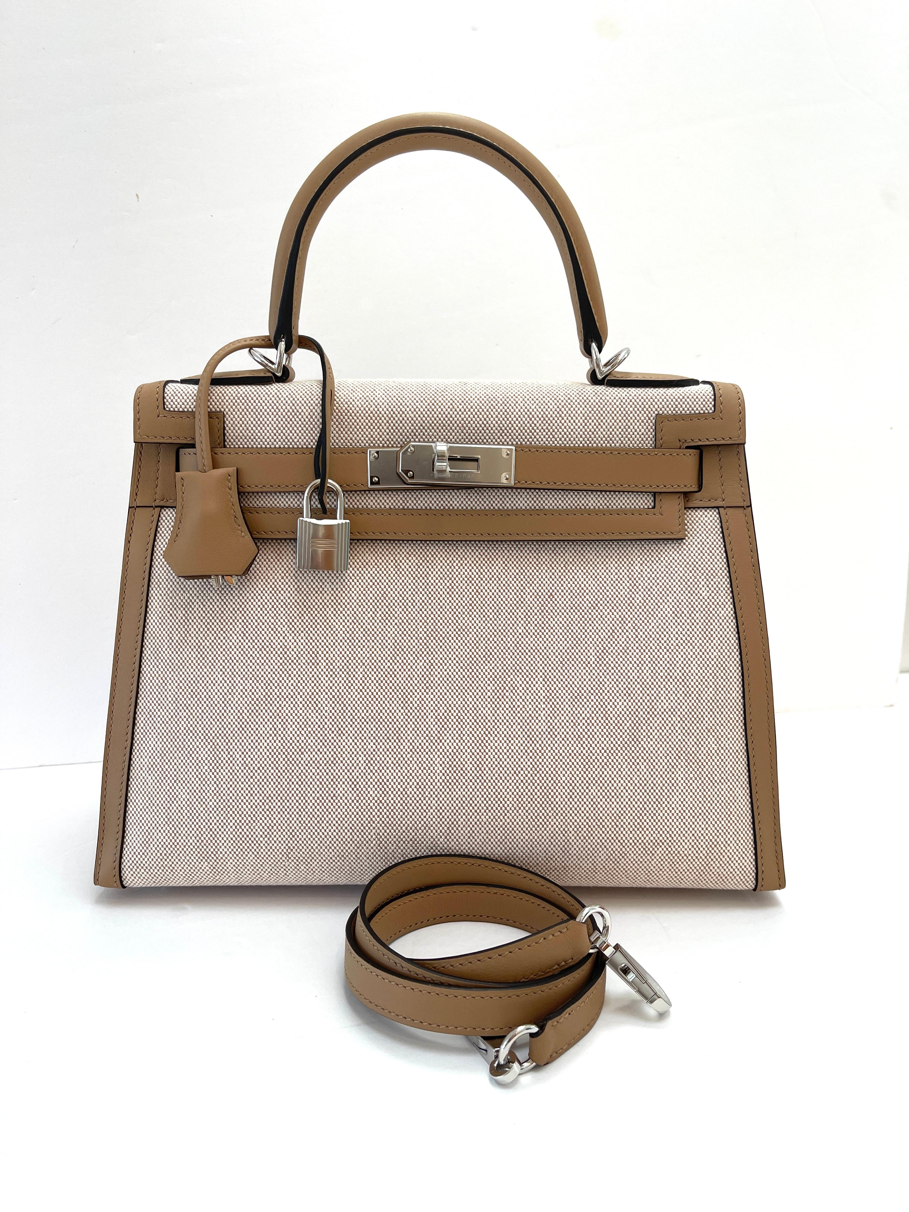Hermès Kelly Sellier 28 Chai Ecru Toile und Swift Palladium Hardware 5