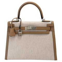 Used Hermès Kelly Sellier 28 Chai Ecru Toile and Swift Palladium Hardware