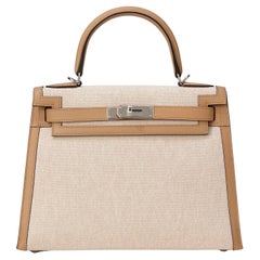 Hermès Kelly Sellier 28 Ecru-Beige / Chai Toile Palladium Hardware